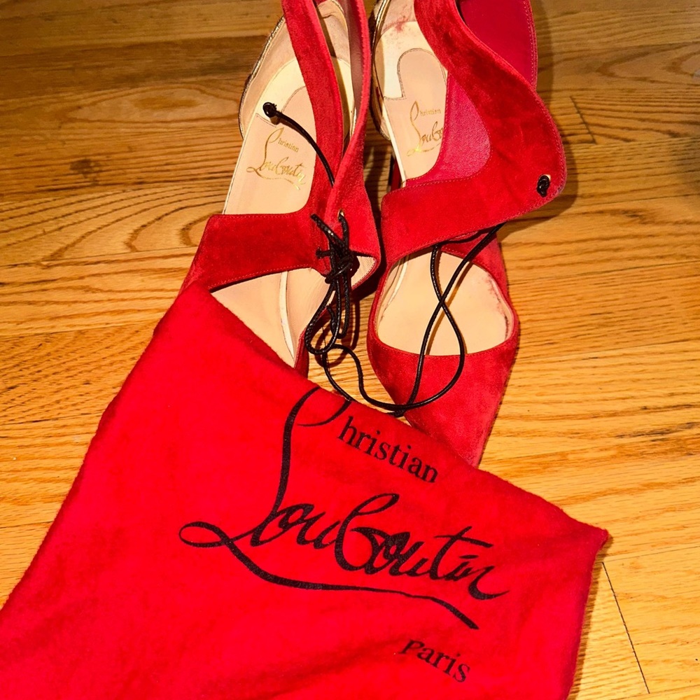 Christian Louboutin suede and leopard-print dyed calf hair (Italy) pump.